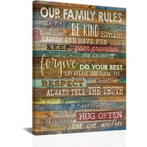 Our Family Rules Decorative, Inspirational Wall Art Framed Canvas, Positive Quotes Wall Decor, Rustic Wall Art, Perfect Decor Sign for Living Room, Bathroom and Kitchen (12"x16")