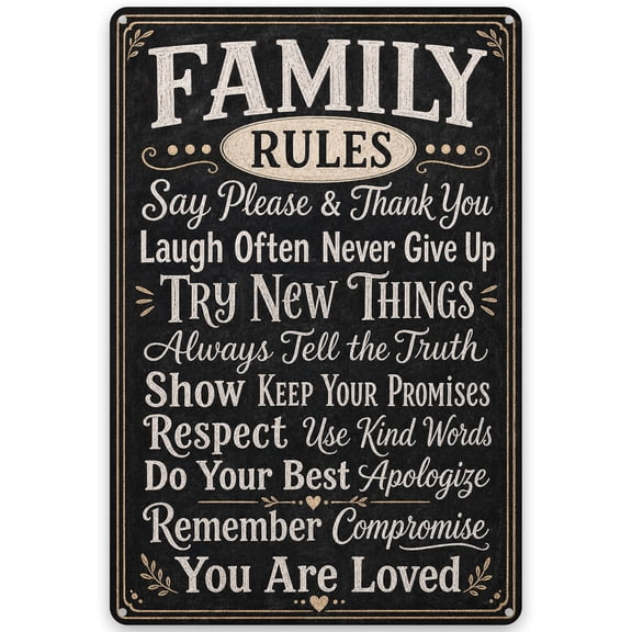 Family Rules Metal Wall Decor Sign 8x12 Inch Inspirational Quote Plaque for Home, Rustic Vintage Style, Easy Hanging with Pre-Drilled Holes, Indoor Outdoor Use, Weather Resistant Finish
