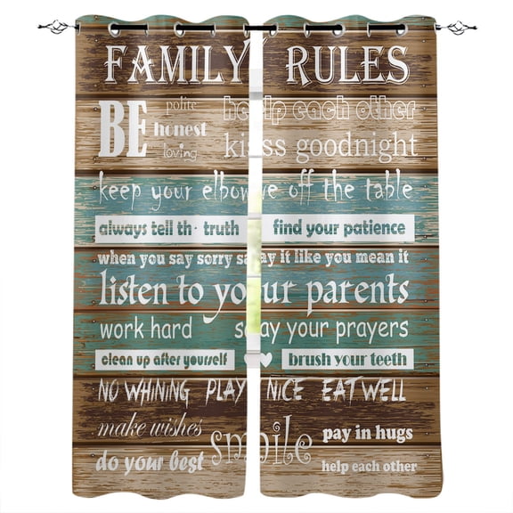 Family Rules Vintage Wooden Board Texture Window Curtains for Living Room Kitchen Kids Bedroom Home interior Decoration Curtains