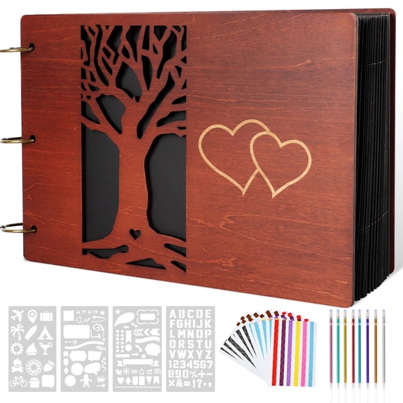 Family Scrapbook Wooden Cover Photo Memory Book 100 Pages DIY Creative Set