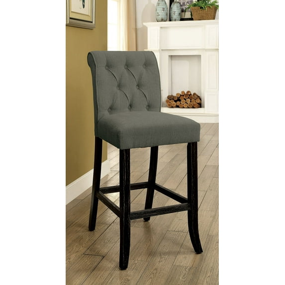Family Set Dining Room Furniture Rustic Style Set of 2 Counter Height Chairs Grey Chenille Fabric Upholstered Tufted Kitchen Breakfast