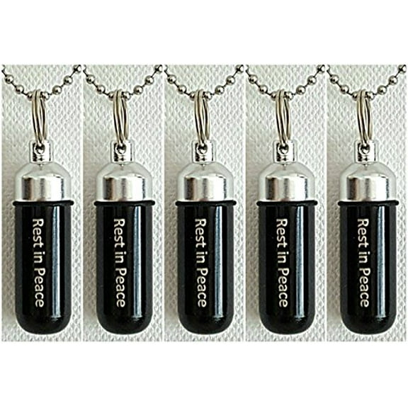 Family Set of FIVE - LASER ENGRAVED - "Rest In Peace" BLACK & Silver Finish Cremation Urn Keepsakes with Velvet Pouches, Ball-Chains & Fill Kit