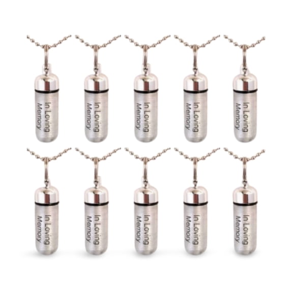 Family Set of TEN Brushed Silver CREMATION URN Necklaces - Laser Engraved with In Loving Memory Includes 10 Velvet Pouches, 10 Ball-Chains and Fill Kit
