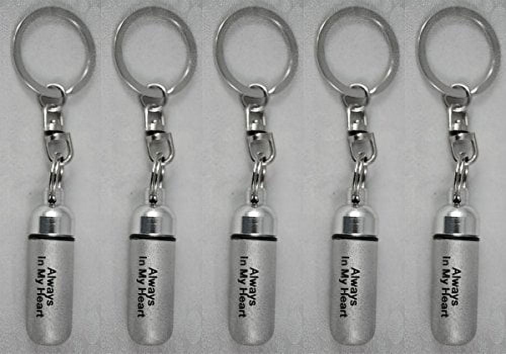 Family Set of 5 - LASER ENGRAVED - "Always In My Heart" Brushed Silver CREMATION URN on Stainless Steel Swivel Key Chain