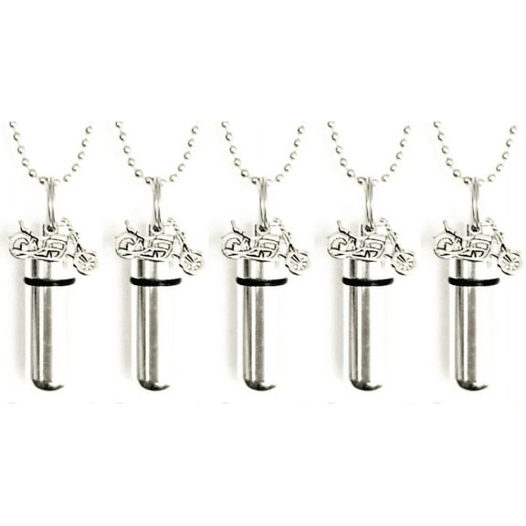 Family Set of FIVE MOTORCYCLE CREMATION URN Necklaces with ENGRAVED USA Flags! Includes 5 Velvet Pouches and Fill Kit