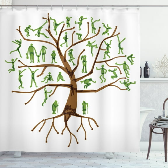 Family Shower Curtain, Abstract Family Tree Relatives Green People Silhouettes Origins Theme, Fabric Bathroom Set with Hooks, 69W X 84L Inches Extra Long, Brown Green and White, by Ambesonne