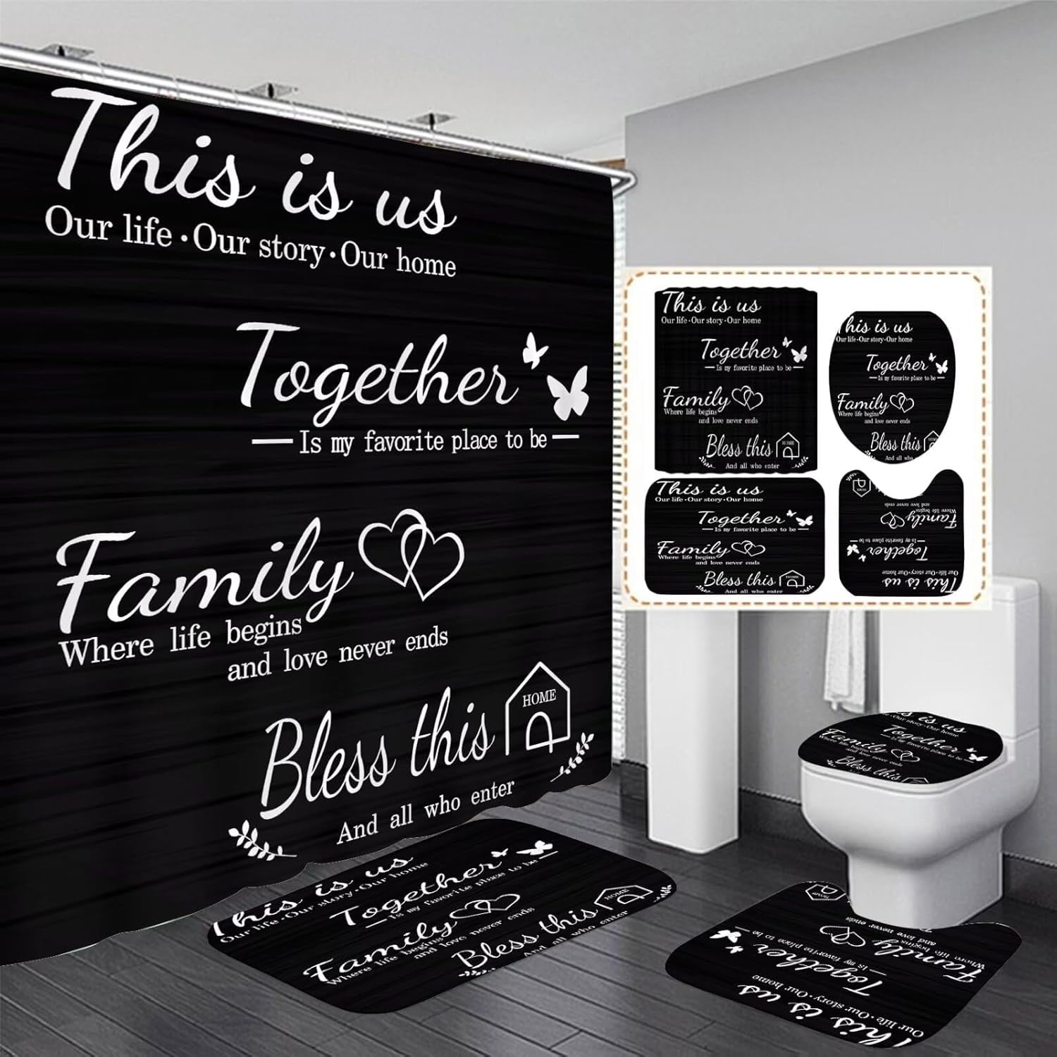 Family Shower Curtain Set Black Home Bathroom Set with Shower Curtain ...