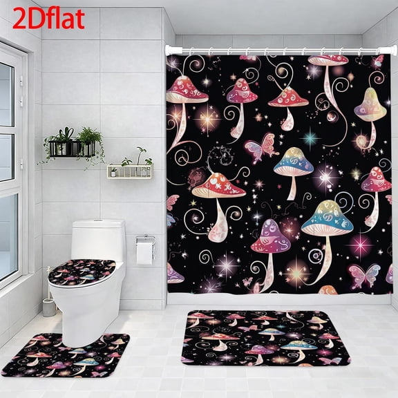 Family Shower Curtain Set Magic Mushroom and Butterfly Pattern Shower Curtain with Hooks.Bathroom Set with Shower Curtain and Rugs and Accessories Bathroom Decor Curtain with 12 Hooks