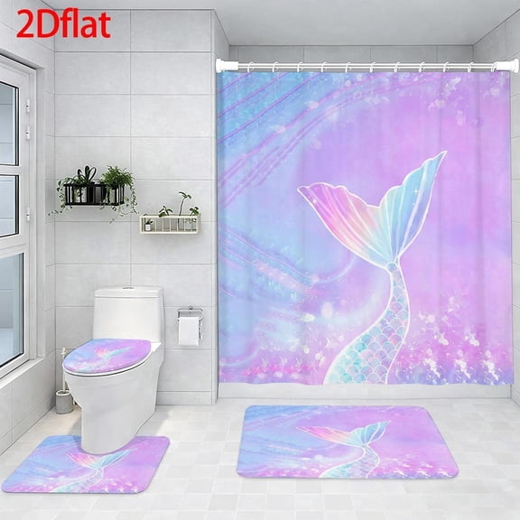 Pastel Mermaid Tail Shower Curtain Set with 12 Hooks, Rugs and Accessories