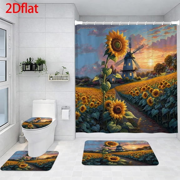 Sunflower and Windmill Landscape Shower Curtain Set with 12 Hooks, Rugs & Accessories