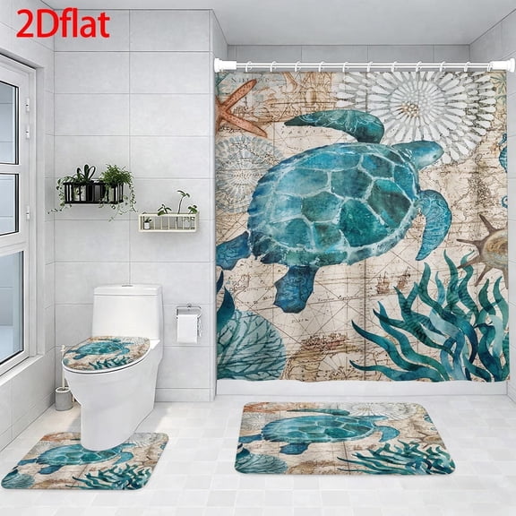 Watercolor Sea Turtle Vintage Map Shower Curtain Set with 12 Hooks, Rugs & Accessories