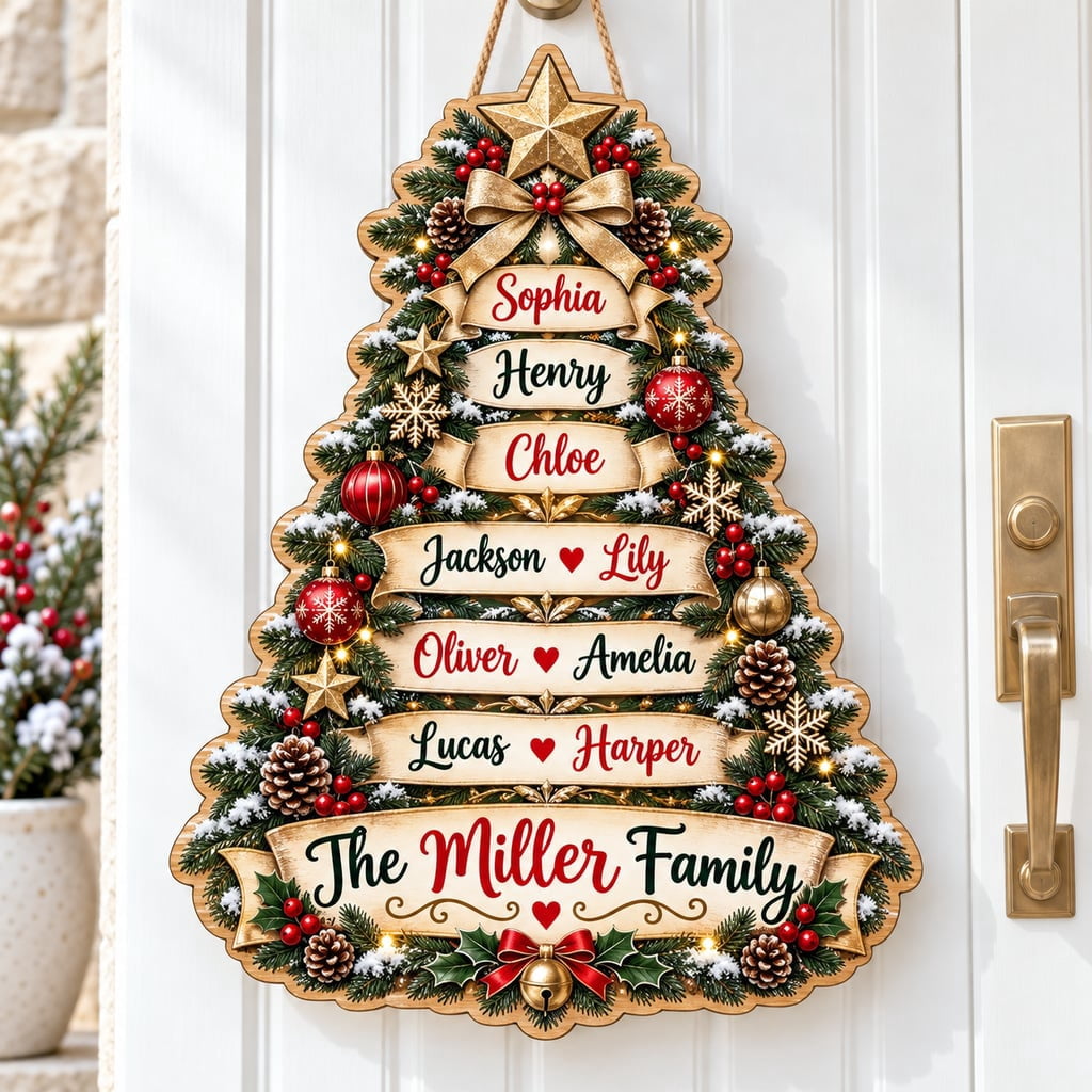 Family Sign Christmas Tree Names Wooden Wall Decor Holiday Gift ...