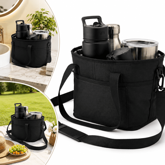 Family Size 4 Compartment Drink Bag, Reusable Insulated Multiple Tumbler Carrier Caddy with No-Spill Base, Adjustable Dividers & Shoulder Strap, for Delivery, Car and Travel (Black)