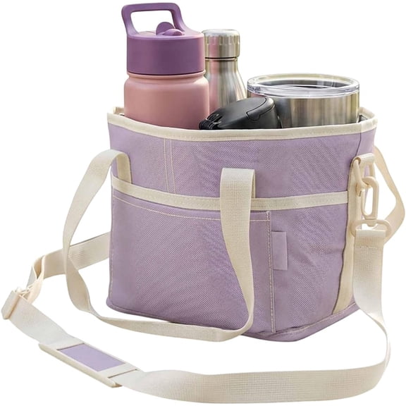 Family Size 4 Compartment Drink Carrier Bag Insulated Multiple Tumbler Holder Caddy with Adjustable Strap and Handle for Travel Sports Family Outings (Light Purple)