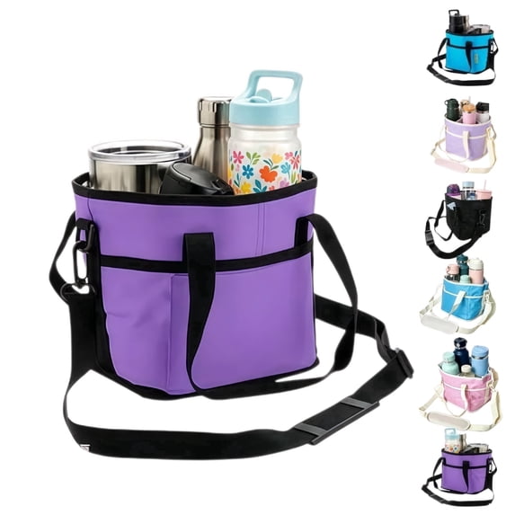 Family Size 4 Compartment Insulated Drink Bag, 4 Slot Tumbler Carrier with Removable Divider & Adjustable Strap, Water Bottle & Coffee Holder Tote for Hiking, Sports, Travel and Daily Outings(Purple)