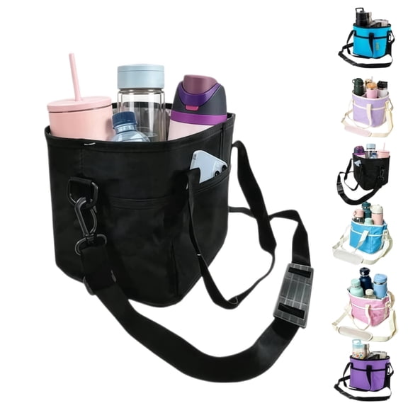 Family Size 4 Compartment Insulated Drink Bag, 4 Slot Tumbler Carrier with Removable Divider & Adjustable Strap, Water Bottle & Coffee Holder Tote for Hiking, Sports, Travel and Daily Outings(Black)