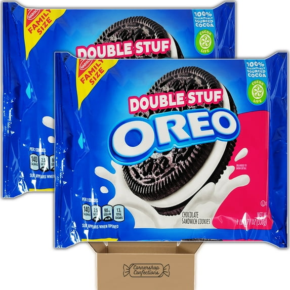 Family Size Original Double Stuf Oreo Bundle - 2 Individually Sealed 18.71 Ounce Trays - 100% Sustainably Sourced Cocoa - On The Go Snacks, Lunches, Movies in Cornershop Confections Pack