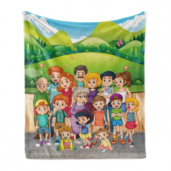 Family Soft Flannel Fleece Blanket, Cartoon Style Illustration of a Big Family Taking a Photo Waving and Smiling Print, Cozy Plush for Indoor and Outdoor Use, 50" x 60", Multicolor, by Ambesonne