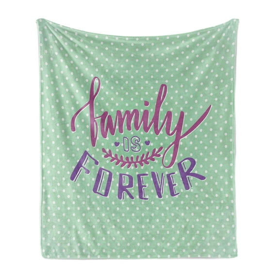 Family Soft Flannel Fleece Blanket, Classical Polka Dots Background Creative Lettering Words About Family, Cozy Plush for Indoor and Outdoor Use, 50" x 60", Purple Violet Mint Green, by Ambesonne