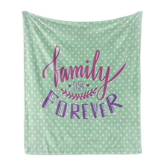 Family Soft Flannel Fleece Blanket, Classical Polka Dots Background Creative Lettering Words About Family, Cozy Plush for Indoor and Outdoor Use, 50" x 70", Purple Violet Mint Green, by Ambesonne