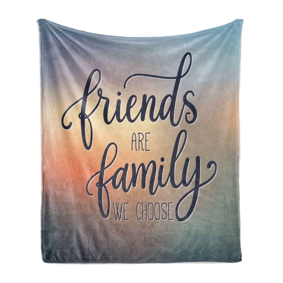 Family Soft Flannel Fleece Blanket, Friends are Famly We Choose Inspirational Phrase Fashion Print BFF Theme, Cozy Plush for Indoor and Outdoor Use, 50" x 60", Dark Blue Yellow Peach, by Ambesonne