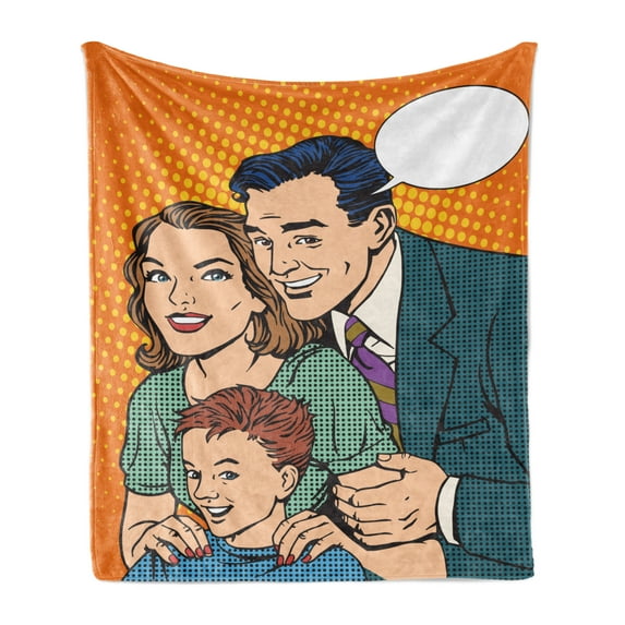 Family Soft Flannel Fleece Blanket, Happy Family Dad Mom and Son Pop Art Retro Style Vintage Cartoon Illustration Print, Cozy Plush for Indoor and Outdoor Use, 60" x 80", Multicolor, by Ambesonne