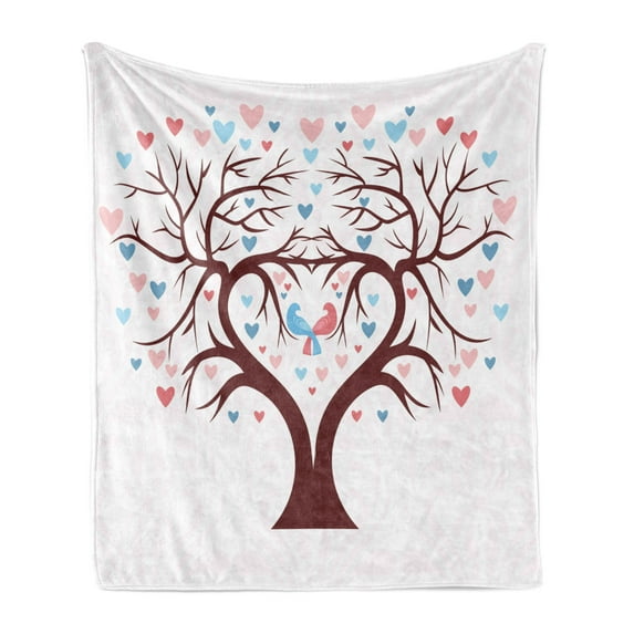 Family Soft Flannel Fleece Blanket, Wedding Tree in Shape of a Heart with 2 Birds and Smaller Hearts as Leaves, Cozy Plush for Indoor and Outdoor Use, 50" x 60", Maroon Pink and Blue, by Ambesonne