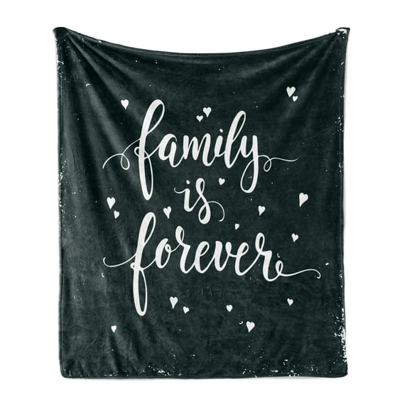 Family Soft Flannel Fleece Throw Blanket, Family is Forever Hand Drawn Typography with Little Hearts Poster Style, Cozy Plush for Indoor and Outdoor Use, 60" x 80", Black and White, by Ambesonne