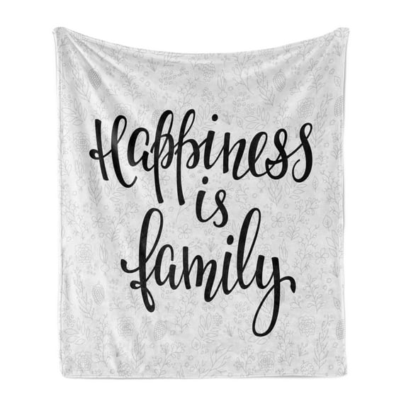 Family Soft Flannel Fleece Throw Blanket, Happiness is Family Hand Writing Inspirational Phrase Simple Nature Backdrop, Cozy Plush for Indoor and Outdoor Use, 60" x 80", Black Grey, by Ambesonne