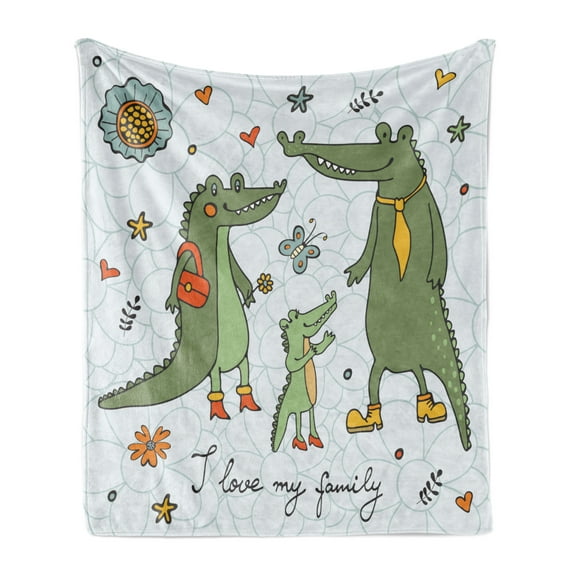 Family Soft Flannel Fleece Throw Blanket, I Love My Family Theme Hand Drawn Alligators Natural Background Fun Graphic, Cozy Plush for Indoor and Outdoor Use, 50" x 70", Multicolor, by Ambesonne
