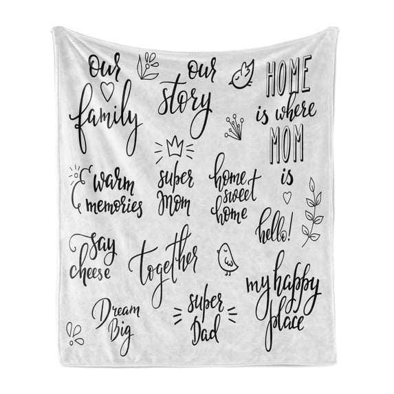 Family Soft Flannel Fleece Throw Blanket, Various Calligraphy Family Lettering Set Birds Crown Blooms Spring Season, Cozy Plush for Indoor and Outdoor Use, 60" x 80", Black Pale Grey, by Ambesonne