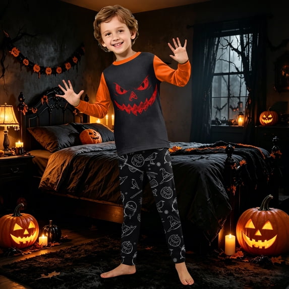 Family Spooky Halloween Sleepwear Outfits Long Sleeve Crew Front Shirt and Pants Set Comfortable Halloween Holiday Loungewear
