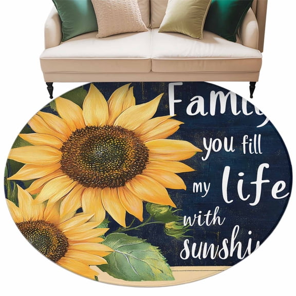 Family Sunshine Area Rug, Sunflower Navy Blue Washable Large Circle Carpet, Non Slip Round Rug for Living Room/Bedroom/Dining Room/Home Office/Dorm