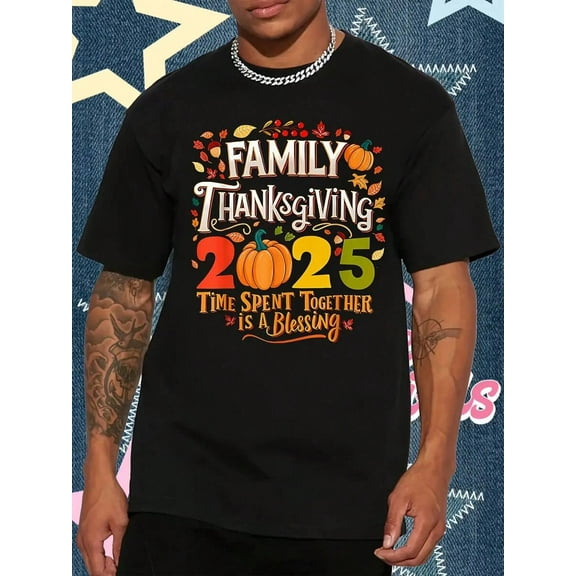 Family Thanksgiving 2025 Matching-Shirts - Retro Graphic Print With Spent Together Is A Blessing Slogan, Round Neck Short Sleeve Casual Tees Adults, Washable Clothe, Men Shirt