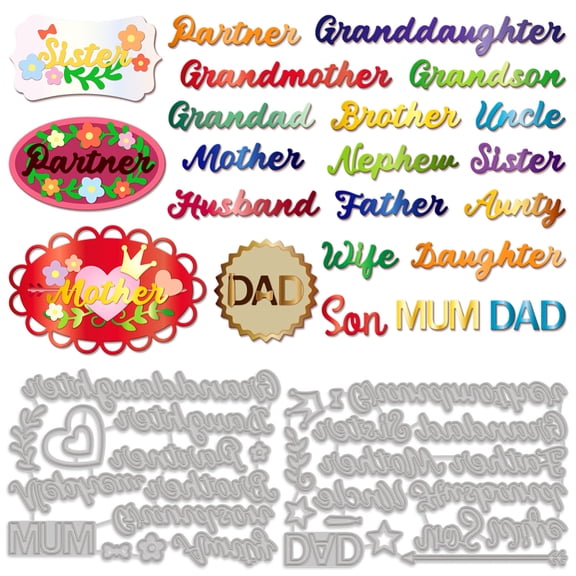 Family Theme Carbon Steel Cutting Dies Stencils for DIY Scrapbooking Photo Album Decorative Embossing Paper Card Stainless Steel color Word 104~110x153~160x0.8mm 2pcs/set Carbon Steel