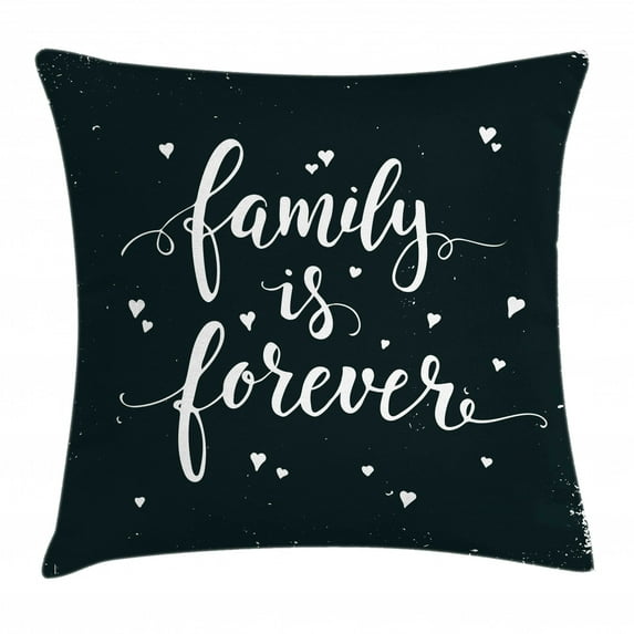 Family Throw Pillow Cushion Cover, Family is Forever Hand Drawn Typography with Little Cute Hearts Poster Style, Decorative Square Accent Pillow Case, 24 X 24 Inches, Black and White, by Ambesonne
