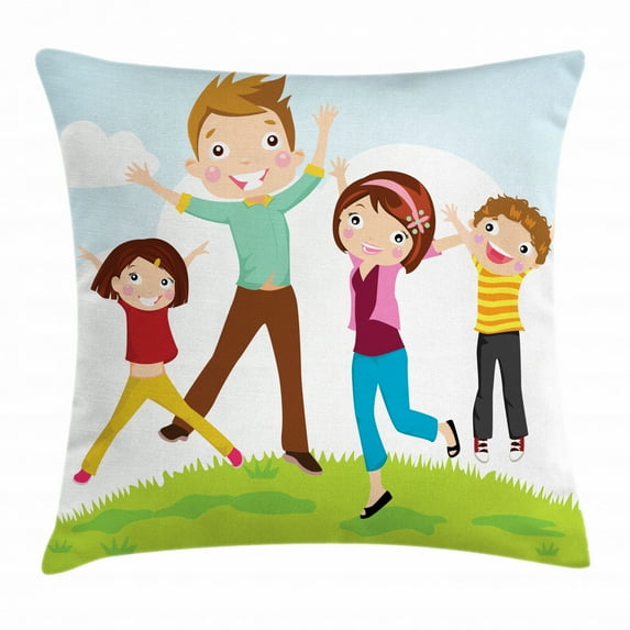 Family Throw Pillow Cushion Cover, Family Jumping on Grass at the Park Spring Mom Dad and Kids Parenthood States Print, Decorative Square Accent Pillow Case, 20 X 20 Inches, Multicolor, by Ambesonne