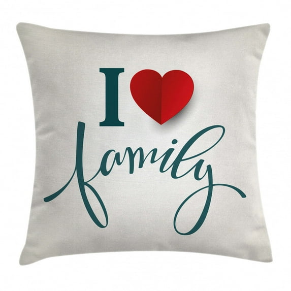 Family Throw Pillow Cushion Cover, Love and Family Theme Design with Red Heart Hand Writing Modern Typography, Decorative Square Accent Pillow Case, 24 X 24 Inches, Slate Blue Red White, by Ambesonne