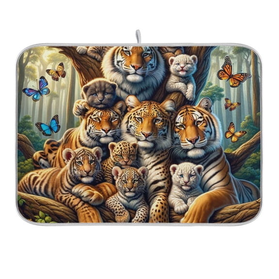 Family Tigers and Leopards Dish Drying Mat 16x18 Absorbent Microfiber Draining Rack Pad for Kitchen Counter Sink