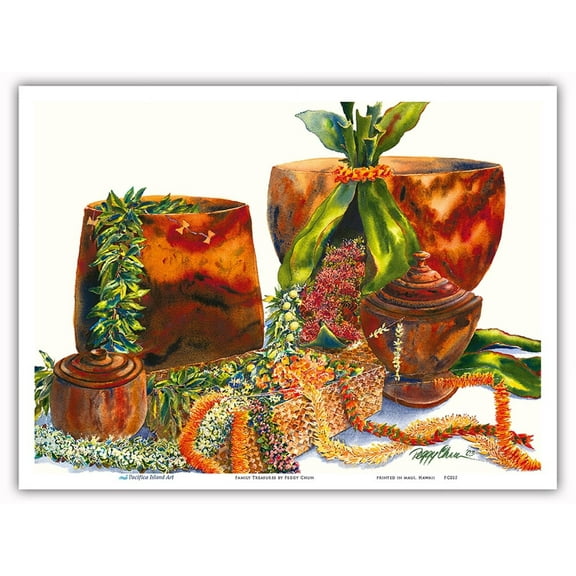 Family Treasures - Hawaiian Island Heirlooms - Leis Koa Wood Bowls - From an Original Hawaii Watercolor Painting by Peggy Chun - Master Art Print (Unframed) 9in x 12in