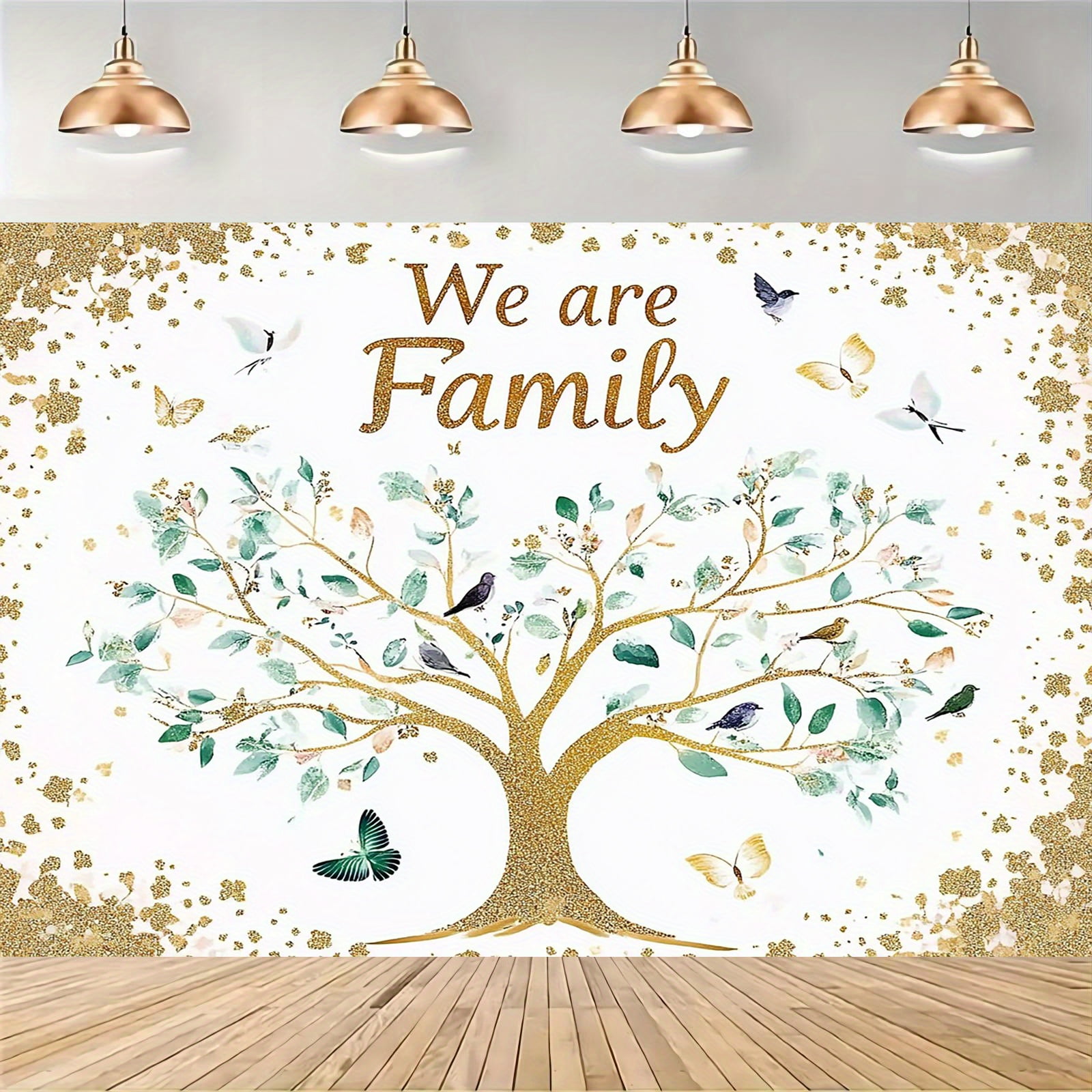 Family Tree Art Backdrop Golden Glitter Birds Butterflies Photography ...