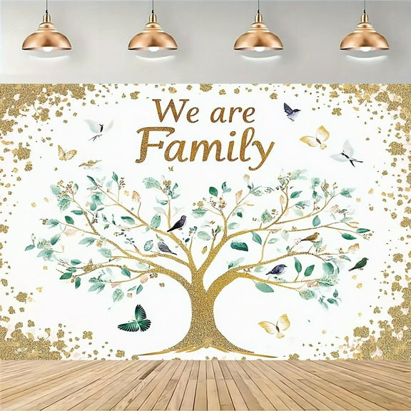 Family Tree Art Backdrop Golden Glitter Birds Butterflies Photography Background Decorations for Sweet Home Housewarming Party Cake Smash Photo Props