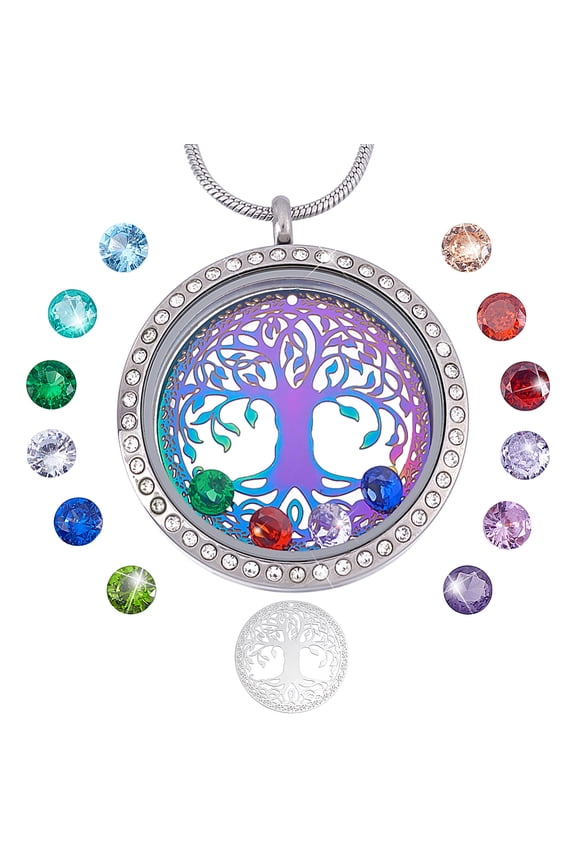 Family Tree of Life Floating Locket Memory Locket Charm with Stainless Steel Snake Chain Necklace 12 Birthstones Dangle Charms for Wedding Bridal Grandmother Grandma Mother Day DIY