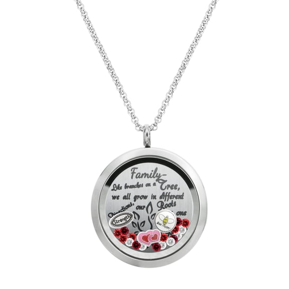 Family Tree Love Heart Round Floating Locket Crystal Charm Pendant Necklace - Family Strength