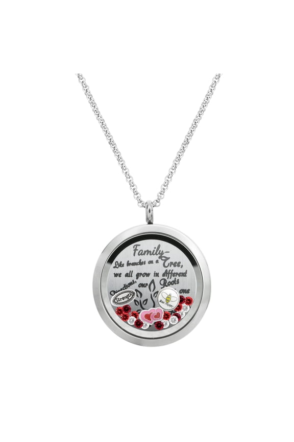 Family Tree Love Heart Round Floating Locket Crystal Charm Pendant Necklace - Family Strength