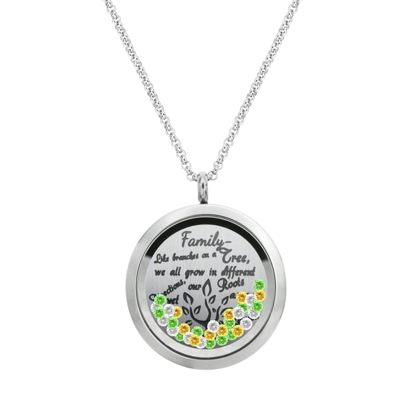 Family Tree Love Heart Round Floating Locket Crystal Charm Pendant Necklace - Shining Family Tree