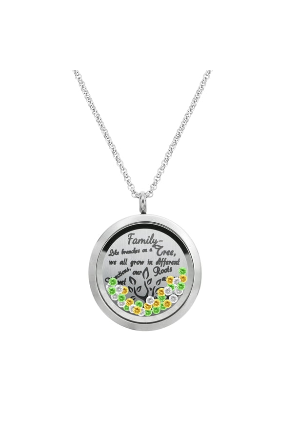 Family Tree Love Heart Round Floating Locket Crystal Charm Pendant Necklace - Shining Family Tree