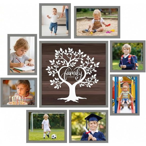 Family Tree Picture Frame Collage Gray 9 Pack, 8 Separate 5x7 Frames with a 12x12 Pre-Designed Tree Frame for Gallery Wall Decor & Family Gifts
