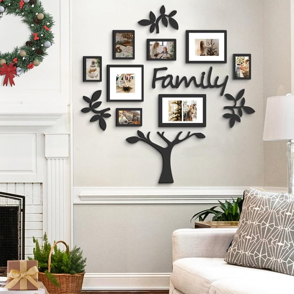 Family Tree Picture Frames Wall Mount Design, Frame Wall Photo Plaque, College Decoration Combination, PVC Photo Frame Tree Loving Room Wall Decor with Hanging Template (Black)