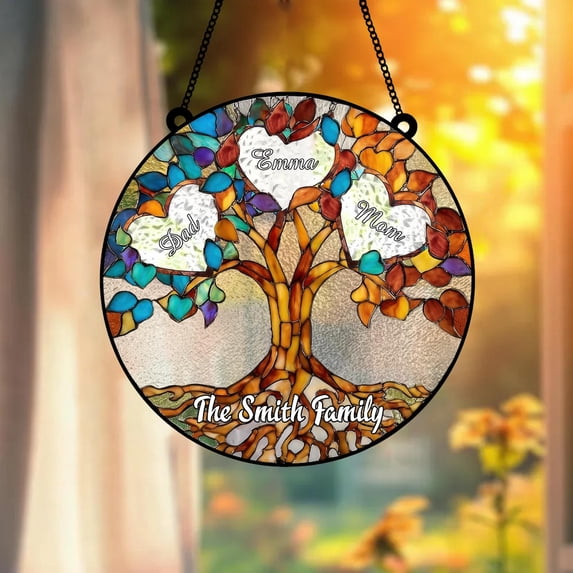 Family Tree of Life Glass Suncatcher v18, Unbreakable Bond Window Art, Birth Flower, 7.9 in